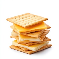 Stacked crackers with layers of cheese on a white background for snack and appetizer concepts