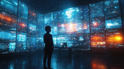 A man stands in front of a wall of computer monitors