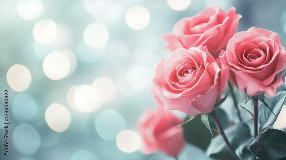 Poster beautiful pink roses with blurred sparkling background in soft light during springtime celebrations.