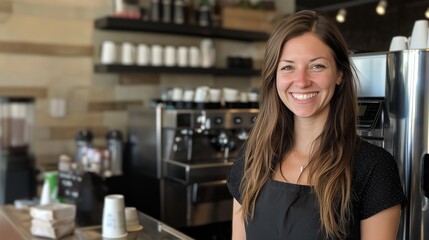 A cheerful barista stands behind the counter, radiating happiness. The cozy coffee shop buzzes with morning energy, surrounded by the scent of freshly brewed coffee and baked goods