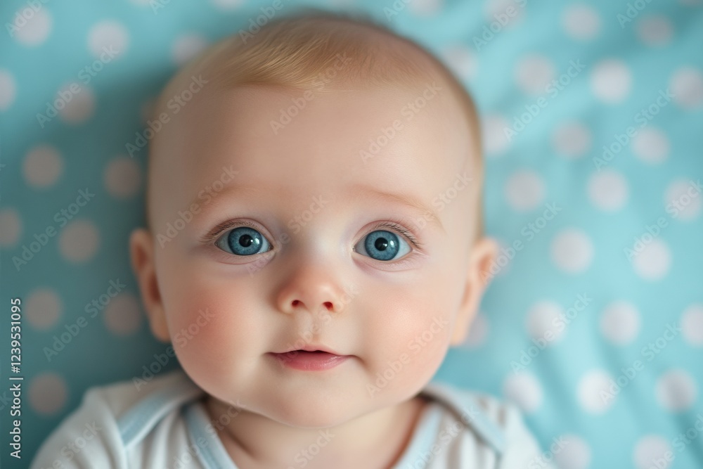 Poster bright blue eyed baby lying on a polka dot blanket with a curious expression in a cozy setting. gene