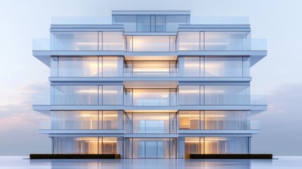 Modern glass apartment building at dusk
