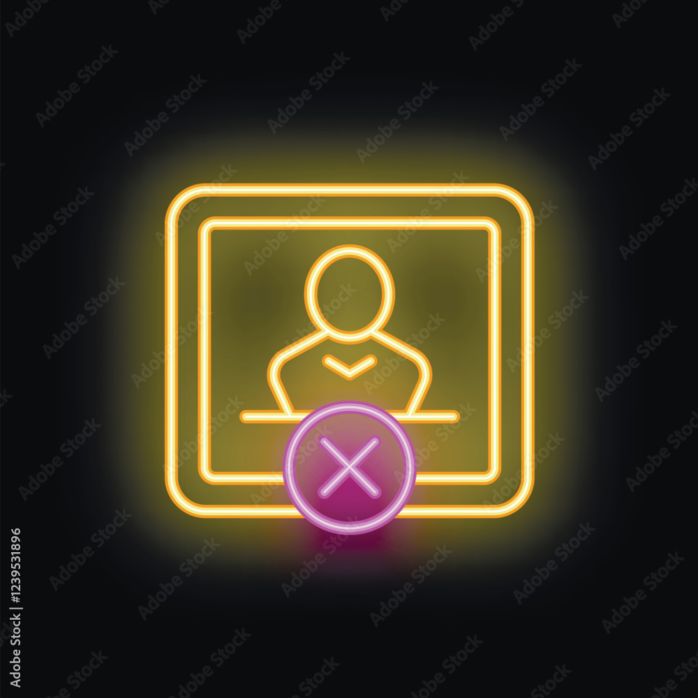 Poster glowing neon icon of removing user profile with cross sign on black background