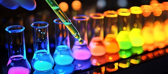 Neon-lit Erlenmeyer Flasks and Pipette with Fluorescent Liquids