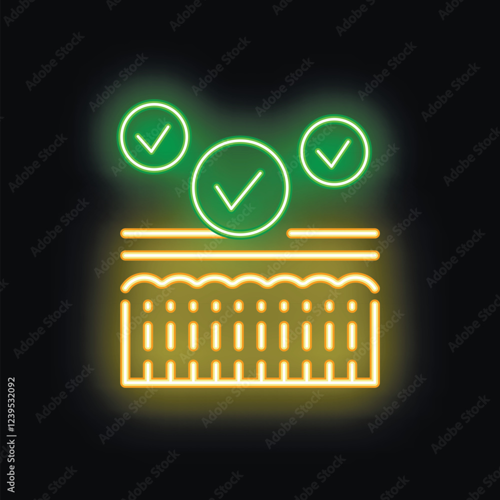 Poster neon green check marks hovering over layers symbolizing successful verification process in ecommerce