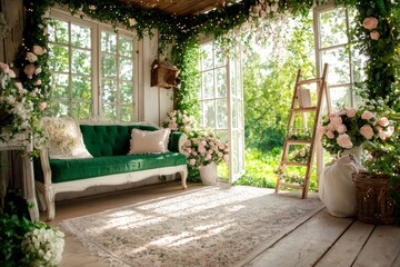 spring themed decorative ladder is beautifully decorated ivy garlands and pastel flowers. It sits in sunlit whitewashed room creating bright and inviting atmosphere.