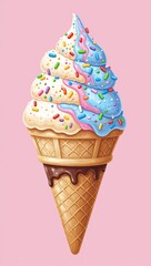 Colorful rainbow ice cream cone with sprinkles and a chocolate dipped waffle cone