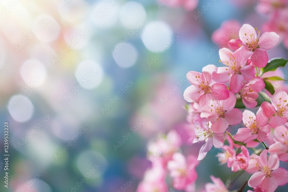 Leinwandbilder Cherry blossoms bloom in spring sunlight creating a tranquil atmosphere with colorful bokeh in the background. Generative AI