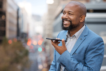 Phone call, outdoor and business with black man, loudspeaker and communication with financial advisor. African person, recording and consultant with smartphone, conversation and chatting with app