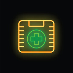 Fototapeta premium Neon green medical cross glowing inside a yellow first aid kit on a black background