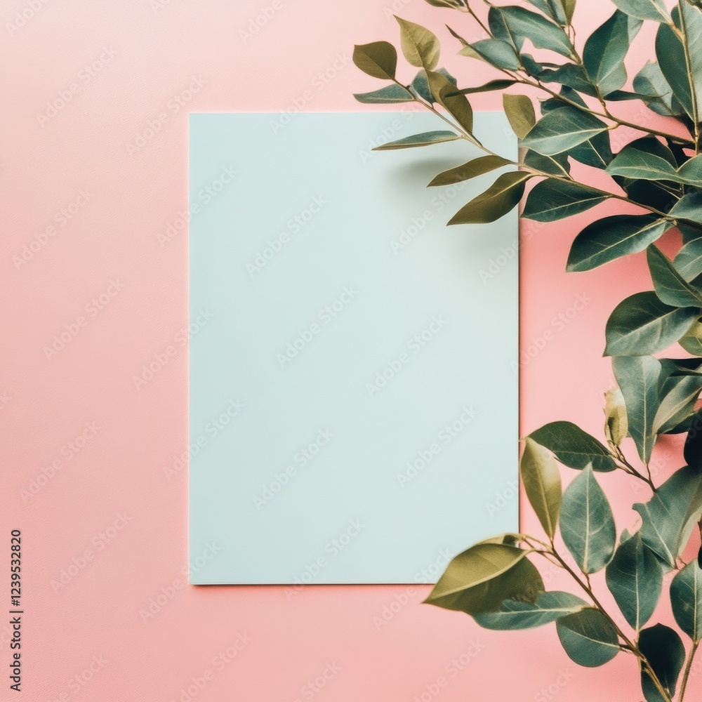 Aufkleber mint green paper surrounded by green leaves on a soft pink background for creative design inspiratio