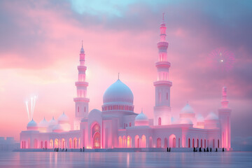 Fototapeta premium A vibrant mosque illuminated at dusk, with people gathering for evening prayers. The sky is filled with colorful fireworks celebrating Eid Mubarak.