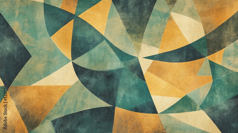 Poster geometric abstraction with teal and yellow shapes on textured background
