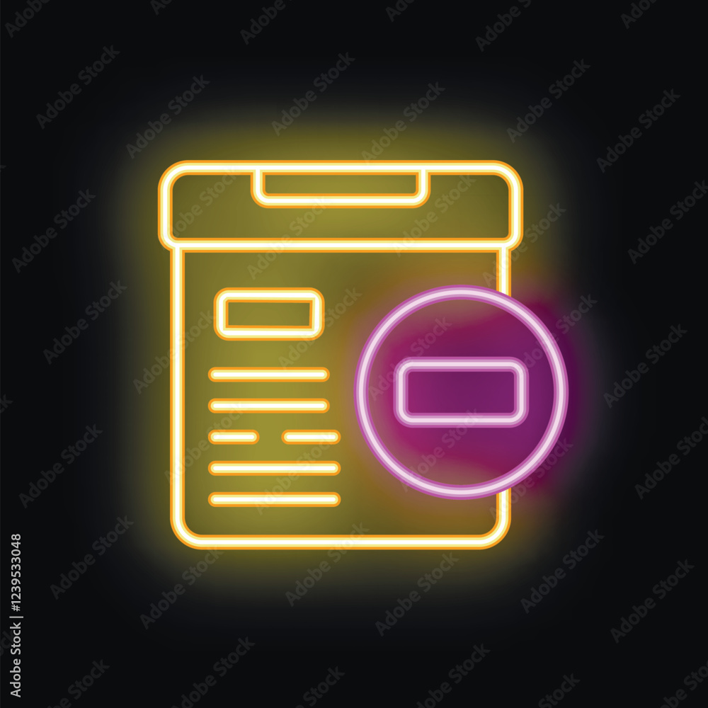 Poster yellow and purple neon sign of a clipboard with a minus sign, symbolizing removing a task from a to 