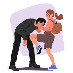 Student girl child cartoon character applying combative techniques to fight bandit on street