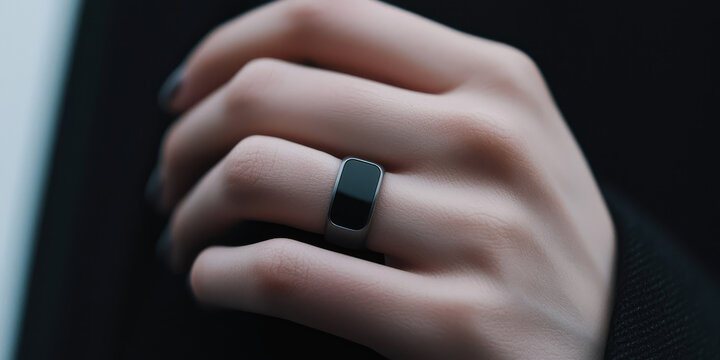 Female hand with Smart ring, modern wearable iot technology. Metal ring with display for monitoring sleep and activity, technology.