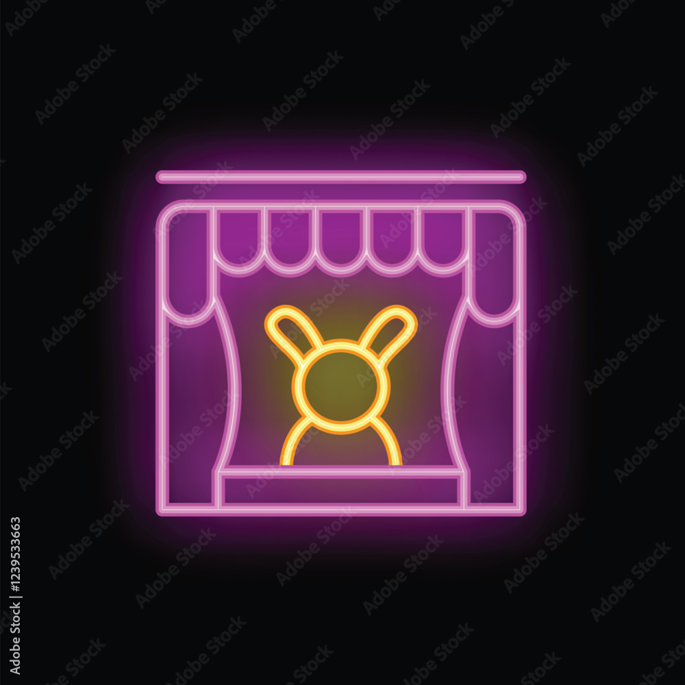 Poster neon icon of magic show with rabbit appearing from hat on stage with bright luminous effect