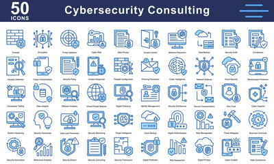 Cybersecurity Consulting icon collection set. Containing Firewall, Encryption, Threat Detection, Cyber Risk, Data Privacy, Malware Prevention, Data Backup, Security Audit. Simple blue vector.