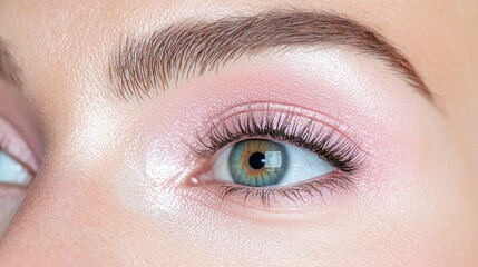 Obraz premium Close-up of woman's eye with pink eyeshadow