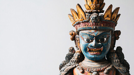 Fototapeta premium a striking blue-faced guardian deity statue with golden crown intricate carvings and fierce expression representing cultural mythology 
