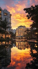 Fototapeta premium Stunning Sunset Reflection Over Luxury Hotel and Palm Trees