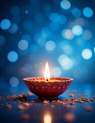 Hindu Festival of Lights - Glowing Diya on Blue Background copy space  Hindu festival of lights. Pongal, Ugadi, puja,  Gudi Padwa,  invitation card