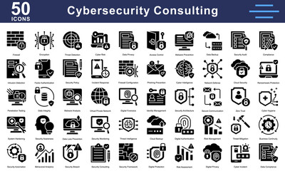Cybersecurity Consulting icon collection set. Containing Firewall, Encryption, Threat Detection, Cyber Risk, Data Privacy, Malware Prevention, Data Backup, Security Audit. Simple glyph vector.