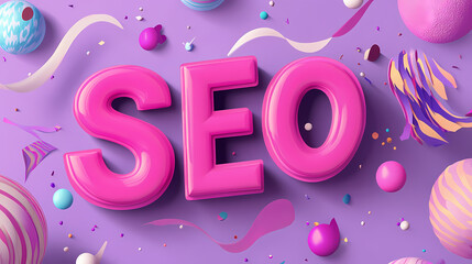 A playful, colorful design featuring the letters "seo" in bold, curvy pink typography against a soft purple background with decorative spheres. Typography Integration. Illustration