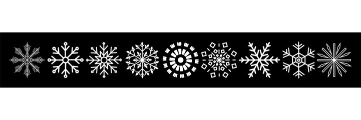 Collection of geometric snowflakes. Flat elements of different snowflake shapes. Set of snowflakes for holiday banner, postcard or decoration. New Year vector ornament.