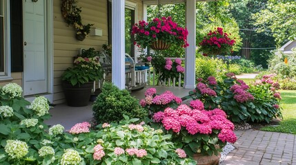 A Cozy Porch with Lush Hydrangeas and Hanging Petunia Baskets in Summer