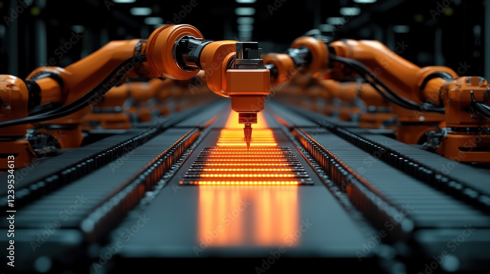 Poster robotic arms performing precision manufacturing in a high-tech factory setting with glowing componen