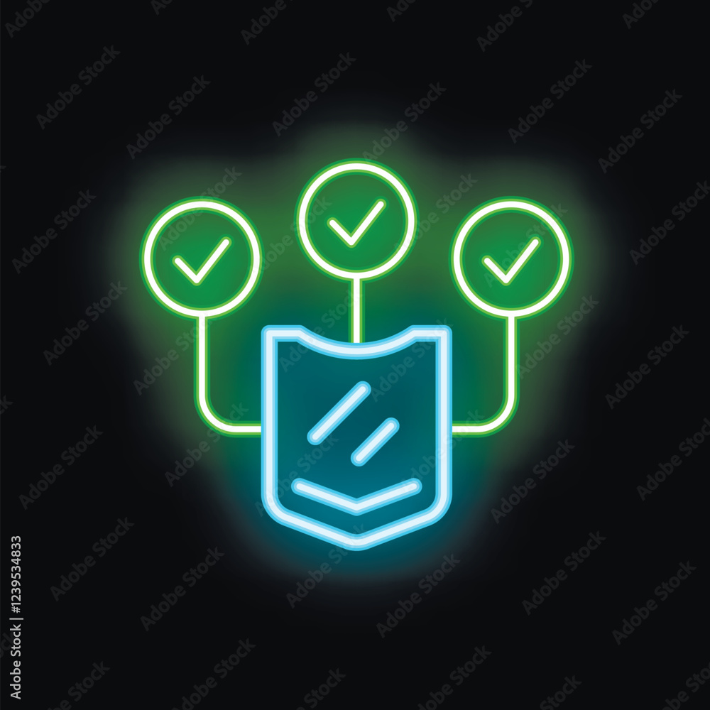  neon cyber security icon showing a shield connected to three check marks representing a secure netwo