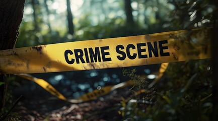 Yellow crime scene tape in a forest setting with sunlight filtering through trees, creating a suspenseful and mysterious atmosphere