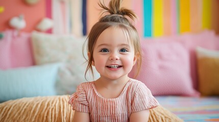 Fototapeta premium A young girl beams with joy in a vibrant room adorned with colorful stripes and soft pillows. Her playful ponytail adds to the cheerful atmosphere as she enjoys the moment