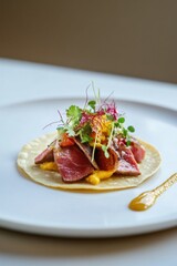 Fine dining taco with premium ingredients on a white plate, featuring a refined minimalist composition. Minimalistic taco food styling