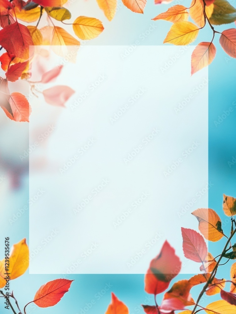 Poster vibrant autumn leaves frame an empty space against a soft blue backdrop inviting creativity and insp