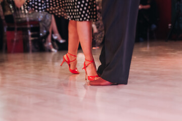 Dancing stiletto shoes of couples dancing traditional latin argentinian dance milonga in the ballroom, tango salsa bachata kizomba lesson in red and purple lights, evening dance school class festival