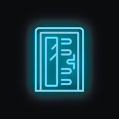 Blue neon icon of elevator doors, illuminating concept of going up on black background