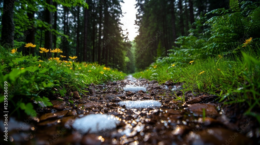 Poster winding forest trail showcases patches of melting snow forming small streams bordered vibrant ferns 
