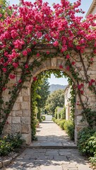 Fototapeta premium Ancient stone archway entwined with vibrant pink bougainvillea