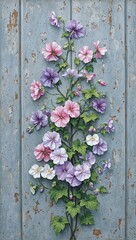 Fototapeta premium Rustic metal wall adorned with blooming sweet pea vines in pastel shades pink purple and white
