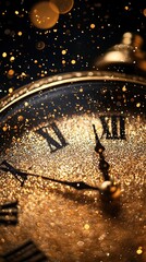 Golden clock face surrounded by shimmering particles creates a magical atmosphere at midnight