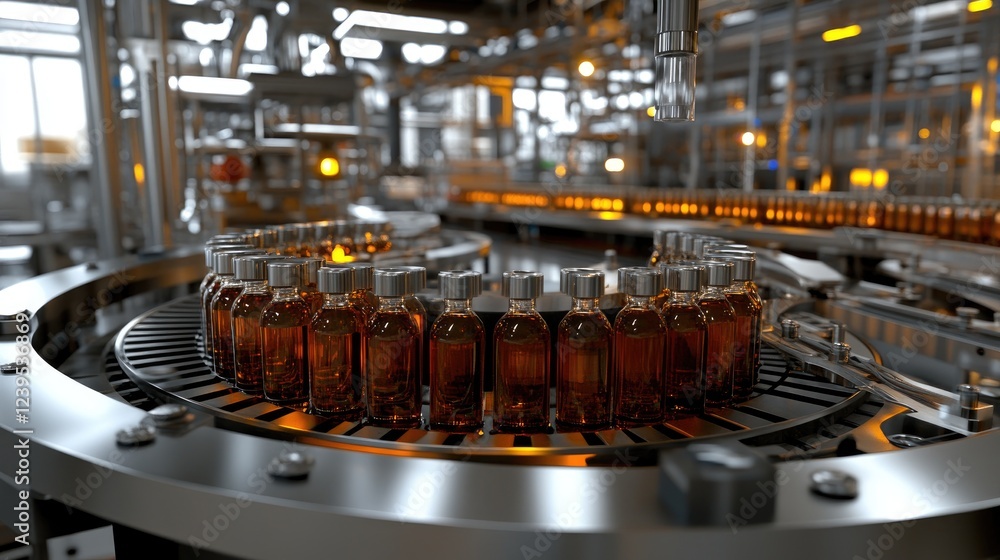Poster automated bottling line producing chemical containers with precision machinery.