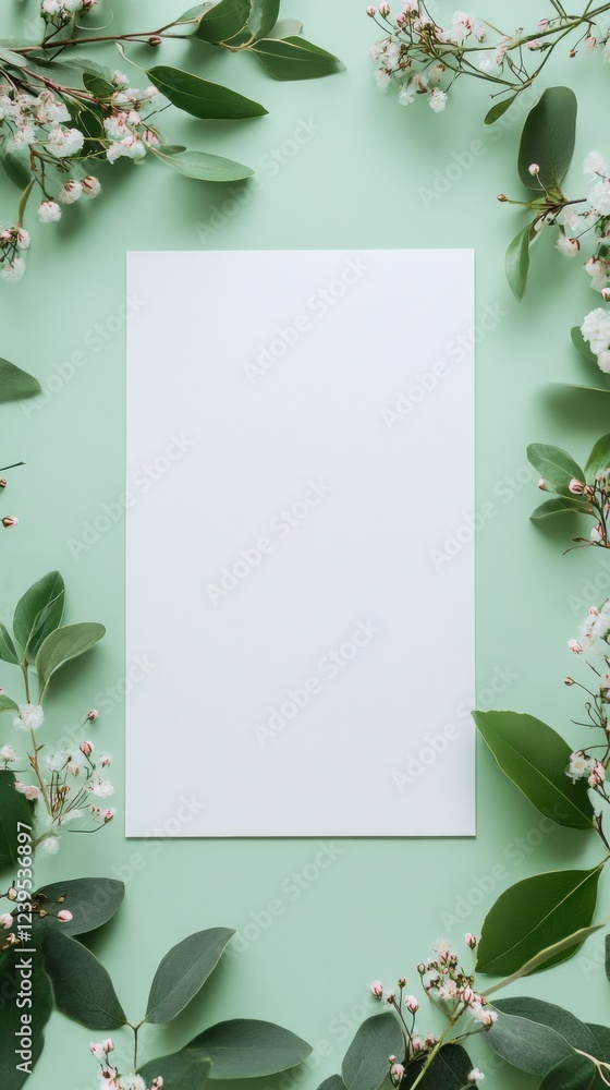 Aufkleber Blank paper surrounded by green leaves and delicate flowers on a soft mint background creates a serene environment for creativity. Generative AI