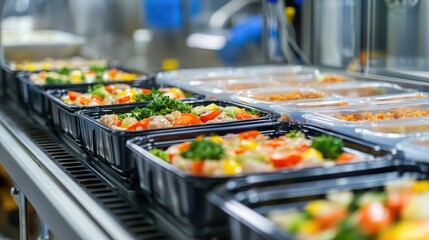 Obraz premium Automated machinery filling plastic containers with ready-to-eat meals.