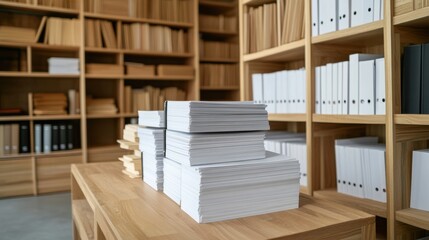Stacked paper sheets on a wooden table beside organized shelves filled with folders and stationery in a cozy space