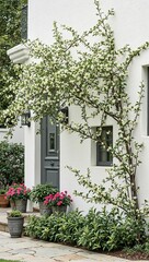 Tranquil courtyard scene with jasmine vines in bloom