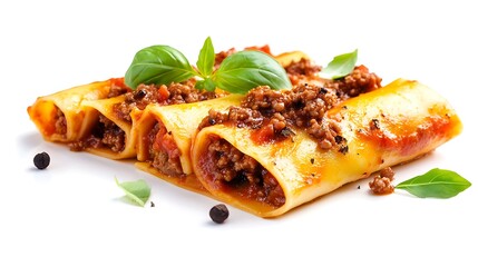 Cannelloni Pasta with Bolognese Sauce on White backdrop