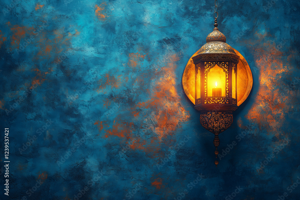 Poster an artistic depiction of abstract shapes and geometric islamic patterns, illuminated by a soft golde