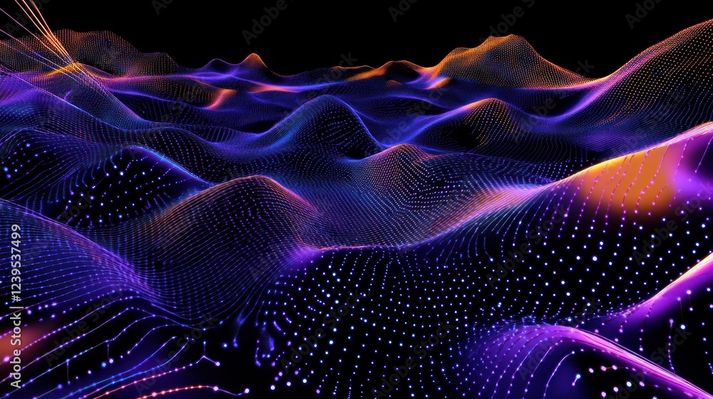 Poster abstract data visualization of a 3d undulating landscape with glowing dots
